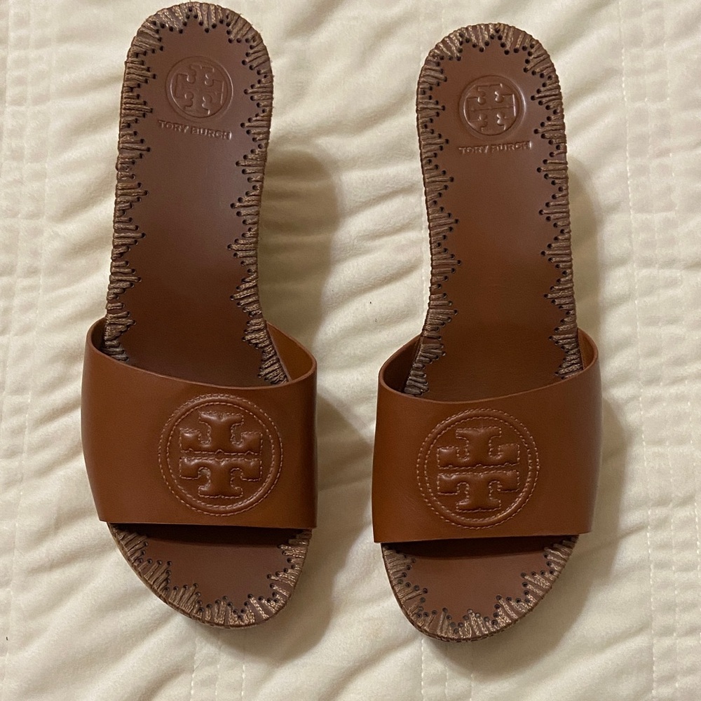 Tory Burch Brown Leather Slip-On Logo Mules
